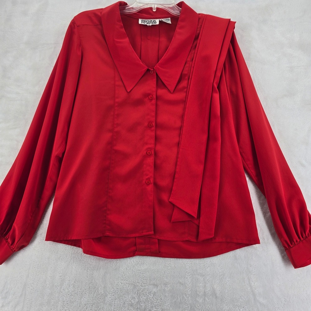 Regina Porter Button Up‎ Womens 10 Blouse Red Long Sleeve Scarf Tie Neck Vintage